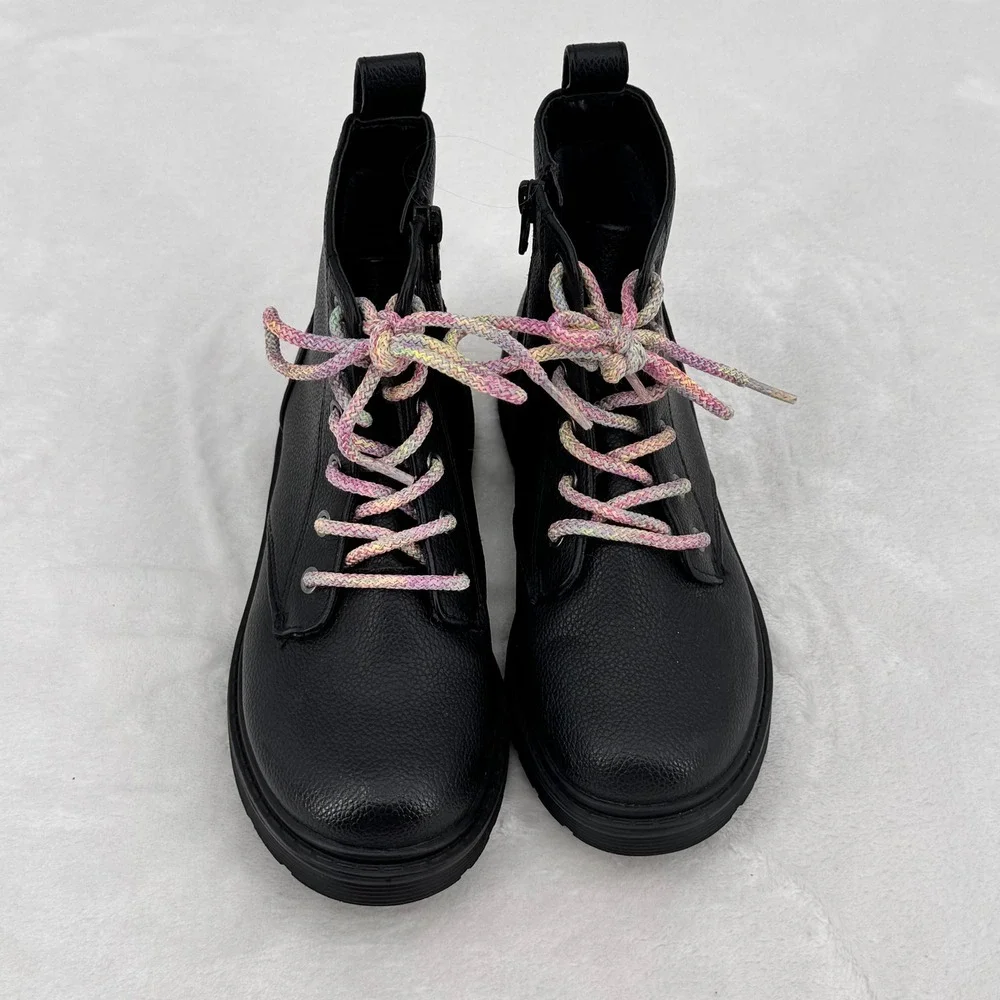 Art Class Girls Size 1 Black Faux Leather Combat Boots Rainbow Laces Side Zip